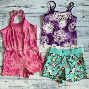 Girls bundle of 3 items! Size 6/7. Justice tank, romper, unicorn shorts.